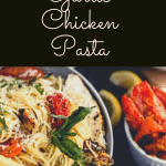 a bowl of garlic chicken pasta with roasted tomatoes and lemon weges