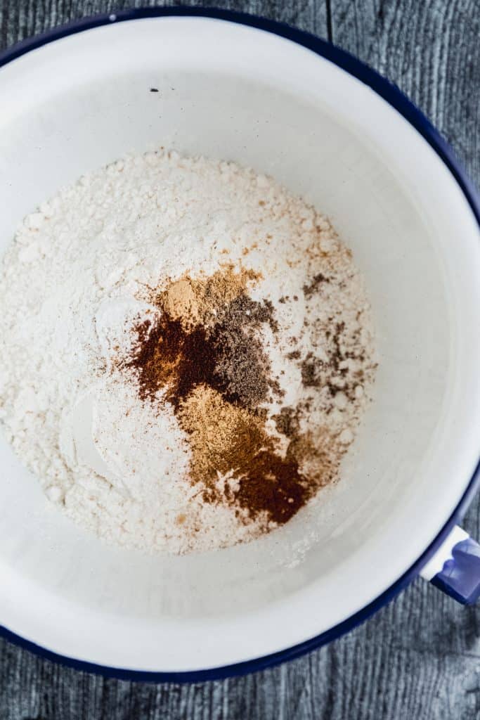 all dry ingredients in a white bowl before being mixed
