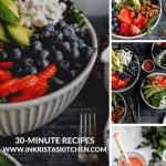 multiple images of strawberry summer salad in a bowl with greens, strawberries, blueberries, avocado, feta cheese, candied walnuts and strawberry vinaigrette in a jar