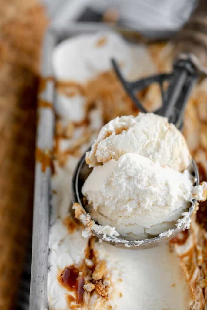 close up of one scoop of no churn ice cream