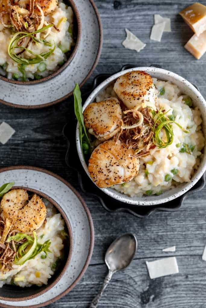 3 bowls of scallops and risotto