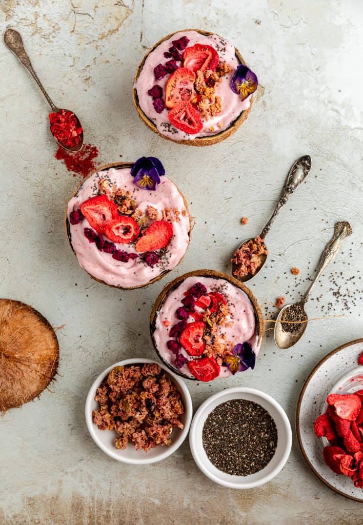 dragon fruit granola, chia seeds, freeze dried strawberries and smoothie bowls