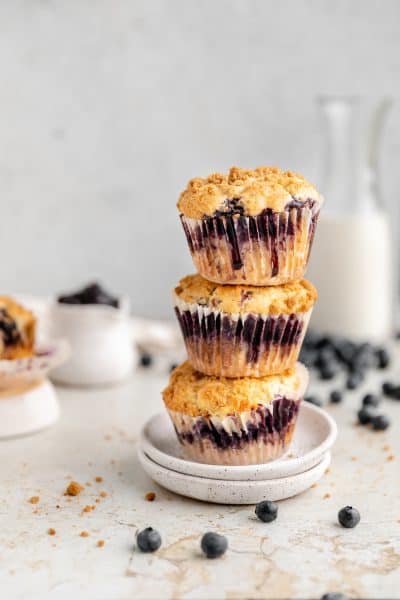 stack of blueberry muffins on a small plate