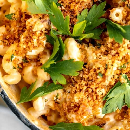 close up of mac and cheese with herbed bread crumbs
