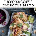 shrimp tacos with slaw, avocado relish, chipotle mayo and crispy shallots