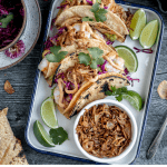 shrimp tacos with chipotle mayo, crispy shallots and avocado relish