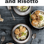 4 bowls of scallops and risotto with spoons