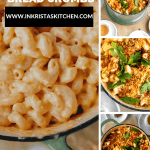 cheesy mac in a pot and several photos of mac and cheese topped with herbed bread crumbs