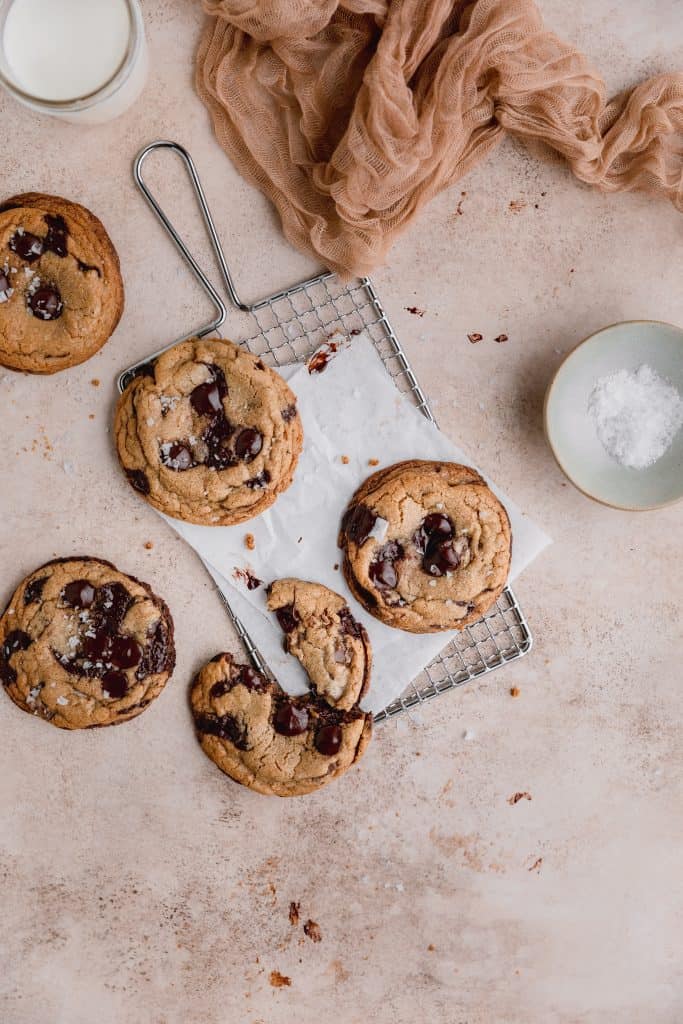 brown butter toffee chocolate chip cookies with milk