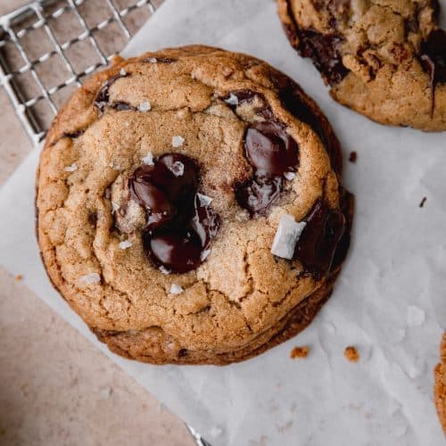 brown butter toffee chocolate chip cookie with flaky sea salt on top
