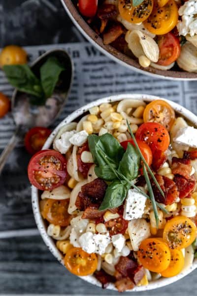 corn and bacon pasta salad with tomatoes