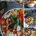 Multiple images of summer pasta salad garnished with fresh basil and fresh chives