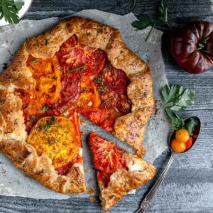 Tomato Galette with a slice taken out of it.
