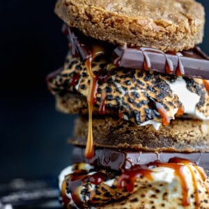 Brown Butter S'mores with blondie pieces on top, salted caramel chocolate and toasted marshmallow.