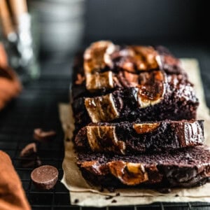 Sliced Chocolate Espresso Banana Bread on a cooling rack.