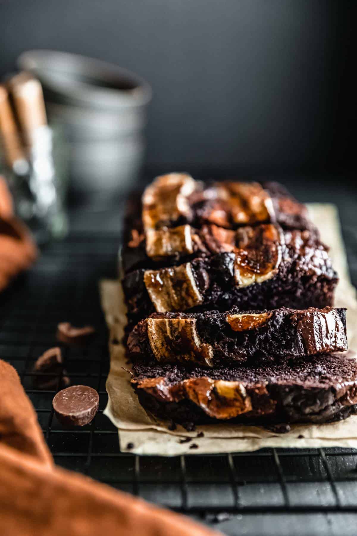 Sliced Chocolate Espresso Banana Bread on a cooling rack. 