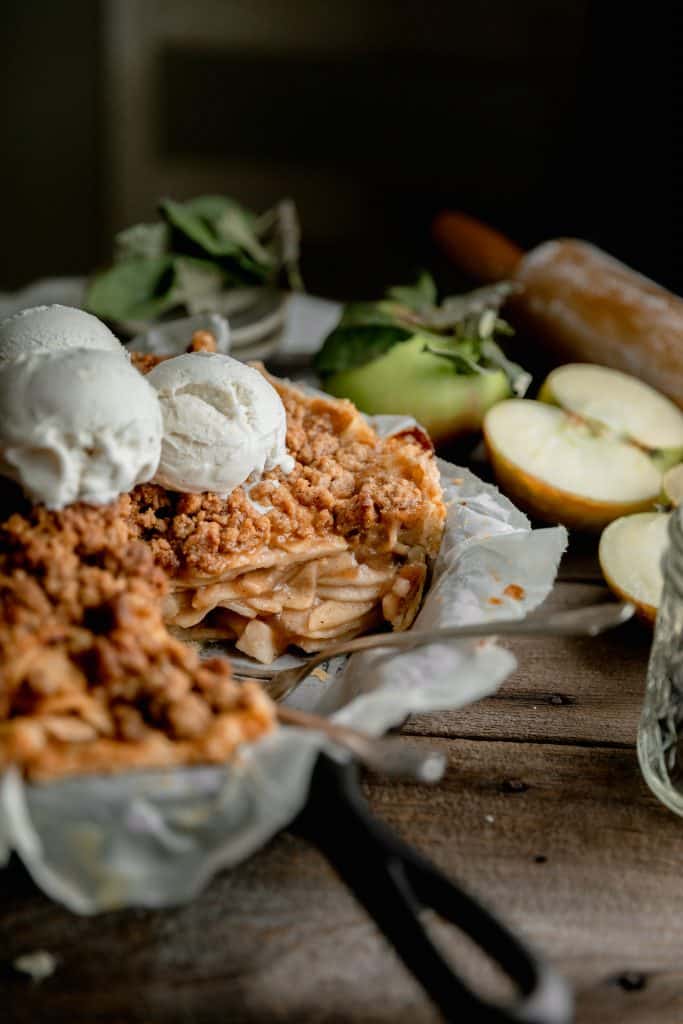 a view of the layers of apples in the pie