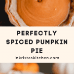 the filling of the perfectly spiced pumpkin pie being poured into the pie crust and a slice of the pie on the plate