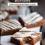chewy molasses blondies with white chocolate drizzle