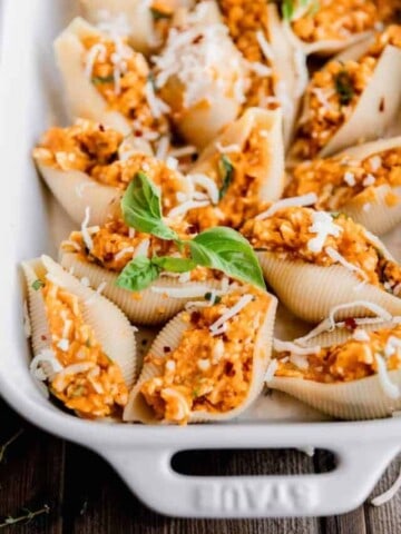 close up of the shells filled with pumpkin and cheese