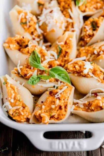 close up of the shells filled with pumpkin and cheese