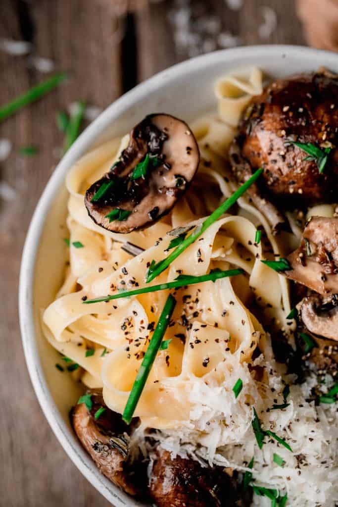 mushroom and truffle pasta topped with parmesan and chives