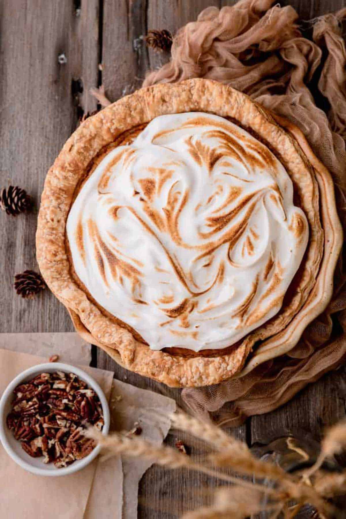 Southern Sweet Potato Pie topped with toasted meringue.