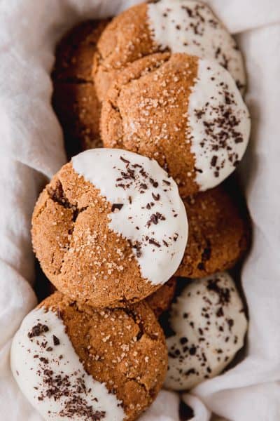 soft molasses cookies dipped in white chocolate then topped with dark chocolate