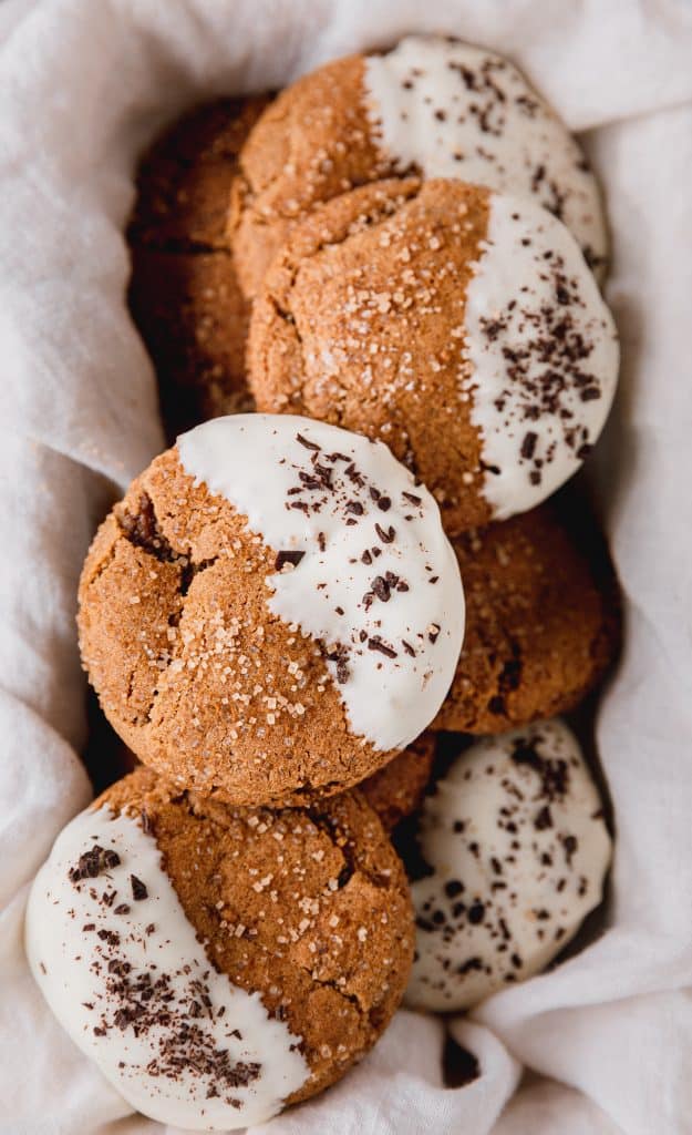 soft molasses cookies dipped in white chocolate then topped with dark chocolate