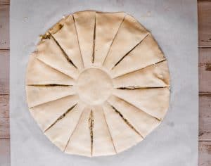 pesto artichoke star bread cut into 16 strips