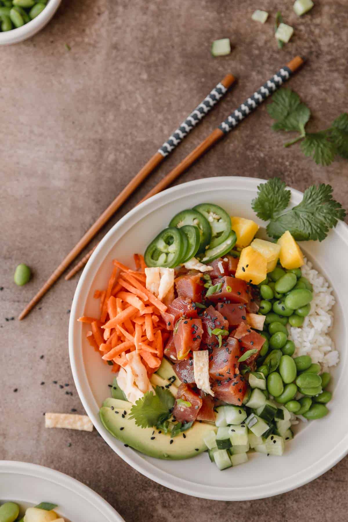 Tuna Poke Bowl with spicy mayo in a bowl. 