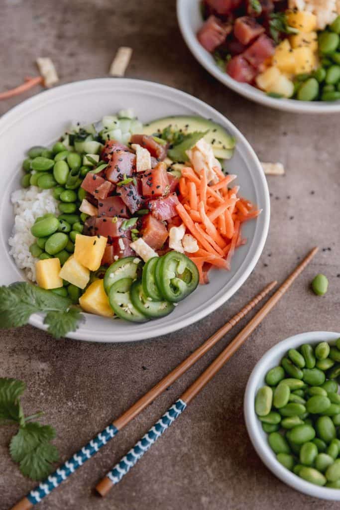 poke bowl with chop sticks lying to the side