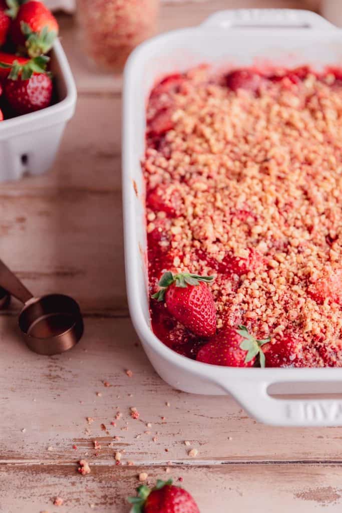 strawberry crumble in a baking dish