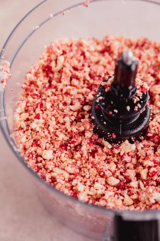 Strawberry crunch topping blended together in a food processor.