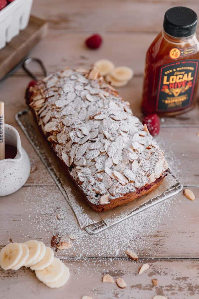 honey banana almond bread topped with powdered sugar