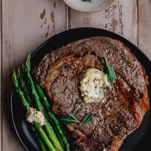 air fryer ribeye steak with compound butter on top