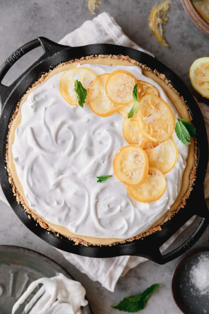 creamy lemon pie topped with candied lemons