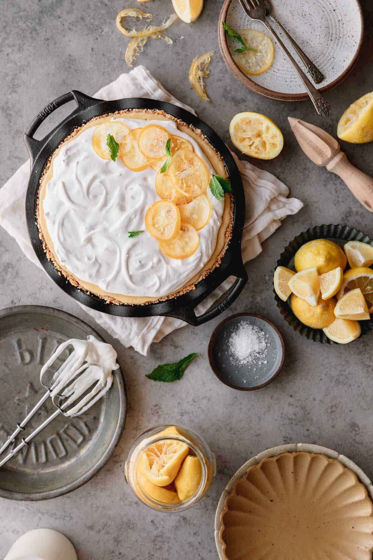 Creamy Lemon Pie topped with candied lemon.