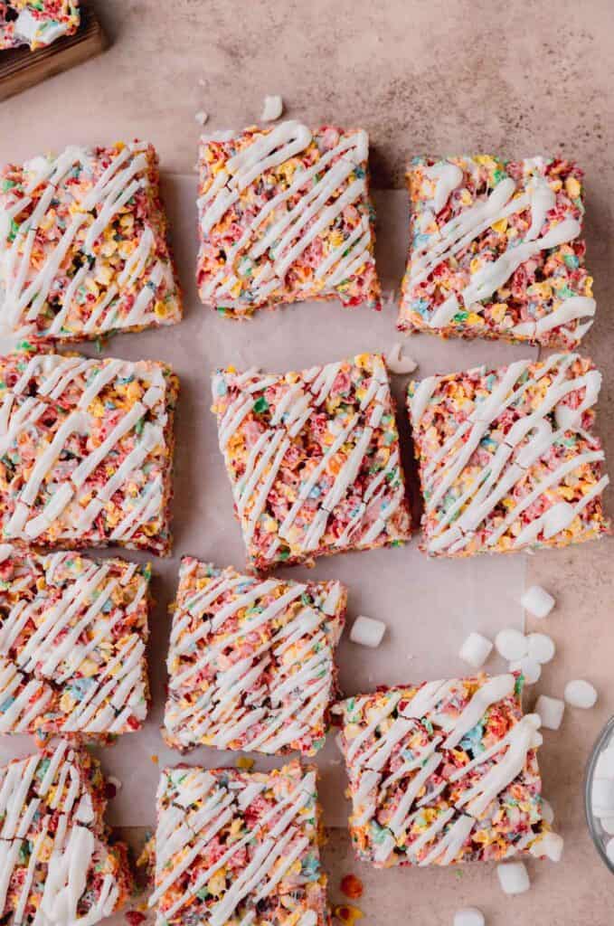 fruity pebbles treats topped with white almond bark