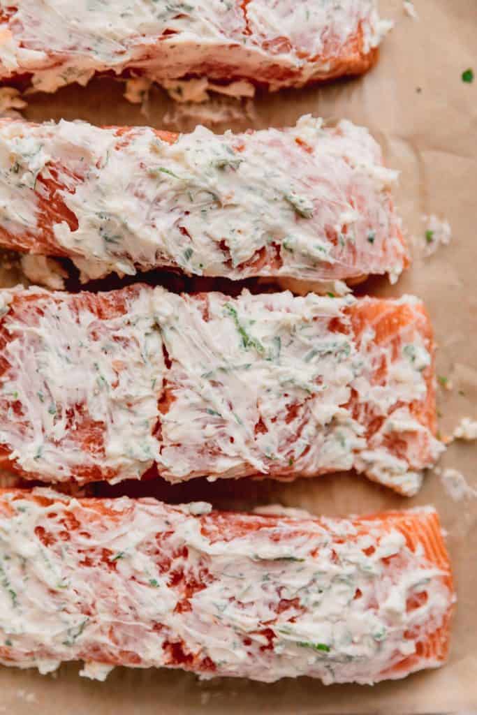 salmon filets covered in compound butter