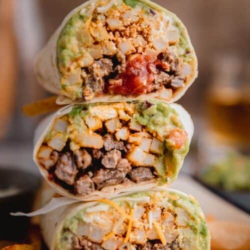 California burrito recipe made, cut and stacked on top of each other