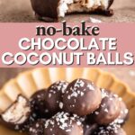 chocolate coconut balls with one bitten into on top