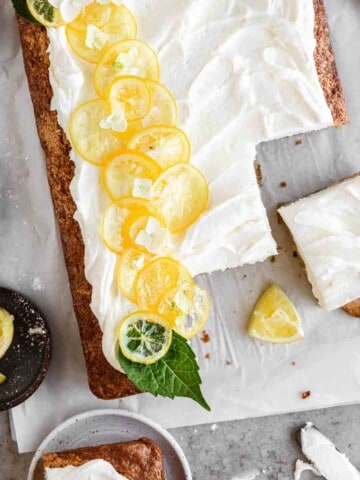 Lemon Zucchini Cake with lemon cream cheese frosting and candied lemons.