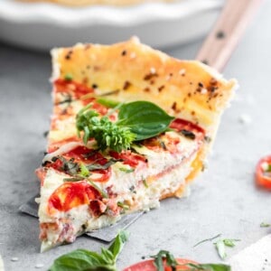 Tomato Pie with basil leaves and no mayo.