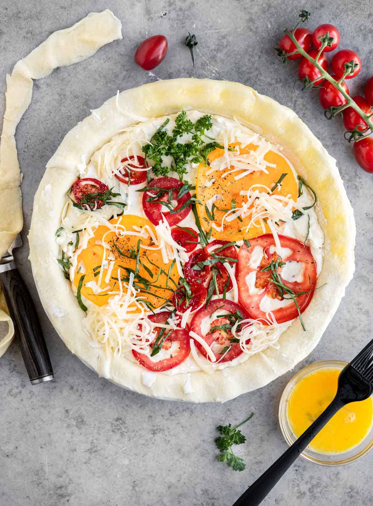 Tomato pie right before being baked.