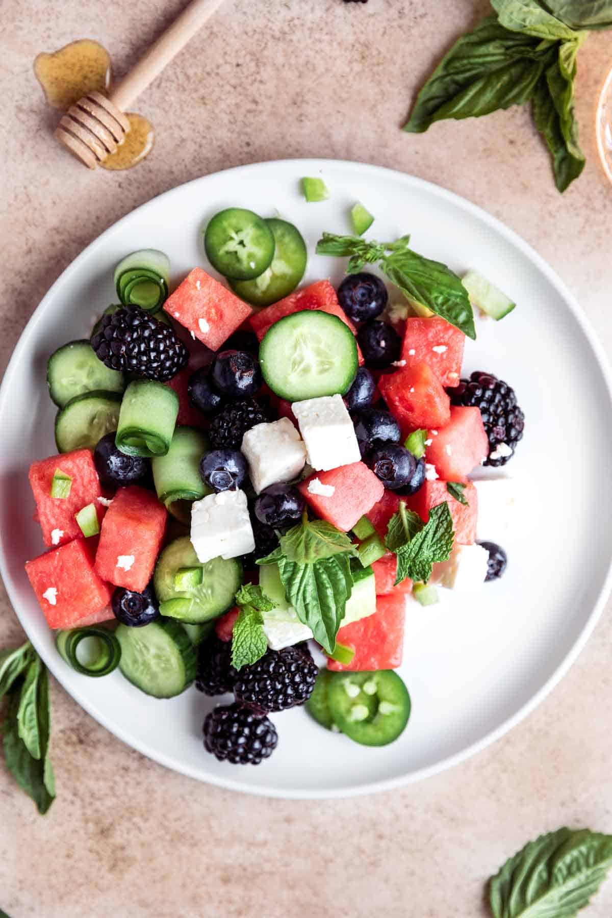 Watermelon Basil Salad on a plate.