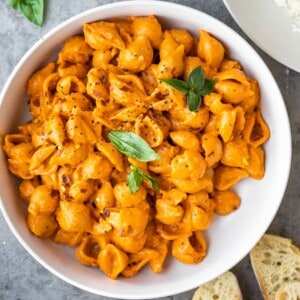 Gigi Hadid Pasta with spicy vodka sauce in a white bowl.