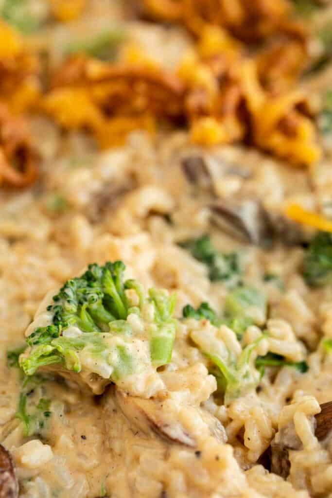 Southern Broccoli cheese Rice Casserole baked in a dish.