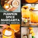 Margaritas with a pumpkin spice rim, ice and orange mums for garnish.