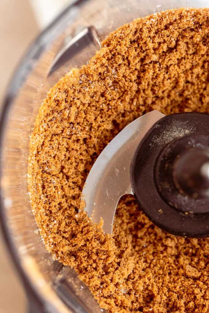 Biscoff cookies blended into fine crumbs in a food processor. 